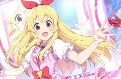 Rule 34 | 1girl, :d, aikatsu!, aikatsu! (series), blonde hair, bow, collared shirt, hairband, heart, highres, hoshimiya ichigo, idol clothes, long hair, looking at viewer, necktie, open mouth, pink skirt, pink vest, puffy short sleeves, puffy sleeves, red bow, red eyes, red hairband, red necktie, shirt, short sleeves, skirt, smile, solo, upper body, vest, wara (warapro), white shirt, zoom layer