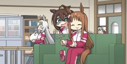 Rule 34 | &gt; &lt;, 1koma, 4girls, :&gt;, ahoge, animal ears, aqua eyes, bag, binder, blue bow, bow, brown hair, cabinet, chair, closed eyes, comic, couch, domino mask, dropping, ear bow, ear ornament, ear scrunchie, ears down, el condor pasa (umamusume), false smile, folding chair, grass wonder (umamusume), grey hair, hair between eyes, hairband, half updo, hammer, hamu koutarou, highres, holding, holding bag, holding hammer, horse ears, horse girl, horse tail, horseshoe, indoors, light brown hair, long hair, mask, motion lines, multicolored hair, multiple girls, oguri cap (umamusume), plastic bag, red bow, red footwear, red track suit, seiun sky (umamusume), shaded face, shelf, shoes, unworn shoes, sidelocks, silent comic, sliding doors, smile, sneakers, striped, striped bow, sweat, nervous sweating, table, tail, toolbox, trembling, two-tone hair, umamusume, white hair, yellow hairband