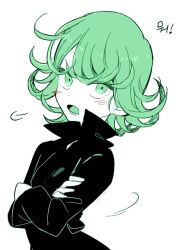 Rule 34 | 1girl, black dress, blush, crossed arms, curly hair, dress, green eyes, green hair, one-punch man, open mouth, short hair, simple background, sketch, solo, tatsumaki, tsundere, white background