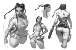 Rule 34 | apex legends, ass, b3 wingman, braid, breasts, collarbone, corset, eyeshadow, floating hair, greyscale, gun, hand on own hip, handgun, head tilt, highres, holding, holding gun, holding staff, holding weapon, jeremy anninos, loba (apex legends), looking at another, looking to the side, looking up, makeup, medium breasts, monochrome, multiple views, parted lips, revolver, sketch, smile, staff, twin braids, walking, weapon