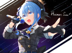 Rule 34 | 1girl, ascot, beret, black gloves, black hat, black shirt, blue ascot, blue hair, blue nails, blue ribbon, bracelet, character name, commentary request, gloves, hair between eyes, hair ribbon, hat, holding, holding microphone, hololive, hoshimachi suisei, hoshimachi suisei (1st costume), jewelry, long hair, long sleeves, looking away, microphone, nail polish, open mouth, outstretched arm, partially fingerless gloves, plaid, plaid headwear, plaid shirt, ribbon, shirt, sky, solo, star (sky), star (symbol), star in eye, starry sky, symbol in eye, takuro (taku3949), upper body, v-shaped eyebrows, virtual youtuber