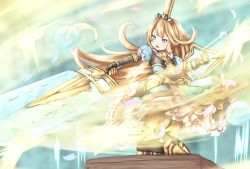 Rule 34 | 10s, 1girl, armor, armored boots, baram, blonde hair, blue eyes, blush, boots, charlotta (granblue fantasy), crown, dress, gauntlets, granblue fantasy, harvin, harvin, holding, holding sword, holding weapon, long hair, open mouth, outstretched arm, petals, pointy ears, puffy sleeves, shield, solo, standing, sword, very long hair, weapon