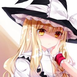 Rule 34 | 2girls, alice margatroid, bad id, bad pixiv id, black dress, black headwear, blonde hair, blush, bow, braid, closed mouth, dress, hair between eyes, hair bow, hand on another&#039;s face, hat, hat bow, kirisame marisa, long hair, looking at viewer, multiple girls, nanase nao, out of frame, puffy sleeves, solo focus, touhou, upper body, white bow, witch hat, wrist cuffs