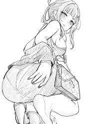 Rule 34 | 1girl, ass, bag, blunt bangs, blush, bra, breasts, cardigan, d (killer wife) (nikke), d (nikke), dongtan dress, dress, from behind, goddess of victory: nikke, greyscale, handbag, high heels, long hair, looking at viewer, looking back, medium breasts, meme attire, monochrome, nail polish, off shoulder, official alternate costume, open cardigan, open clothes, pantylines, solo, squatting, underwear, yougenko