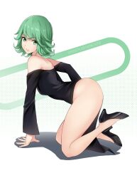 Rule 34 | 1girl, all fours, bare shoulders, black dress, curly hair, dress, from side, full body, green eyes, green hair, gs (onsen syndicate), high heels, highres, long sleeves, one-punch man, parted lips, pelvic curtain, side slit, solo, tatsumaki, thighs