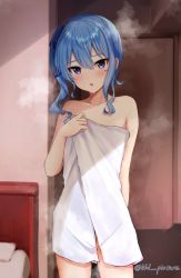 Rule 34 | 1girl, blue eyes, blue hair, blue ribbon, blush, collarbone, commentary request, cowboy shot, ex idol, flat chest, hair between eyes, hair ribbon, hand up, highres, hololive, hoshimachi suisei, indoors, long hair, looking at viewer, naked towel, parted lips, revision, ribbon, side ponytail, solo, standing, star (symbol), star in eye, steam, steaming body, sweat, symbol in eye, towel, twitter username, virtual youtuber