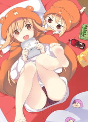 Rule 34 | 10s, 2girls, barefoot, blonde hair, brown eyes, coca-cola, doma umaru, dual persona, feet, grin, hamster costume, handheld game console, himouto! umaru-chan, hood, komaru (himouto! umaru-chan), legs, legs up, long hair, lying, mikan no shiru, multiple girls, on back, open mouth, panties, pillow, shorts, smile, snack, toes, underwear