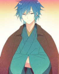 Rule 34 | 1boy, akiyoshi (tama-pete), blue eyes, blue hair, close-up, coat, crossed arms, gradient background, half-closed eyes, japanese clothes, kaito (vocaloid), light smile, male focus, orange background, pink background, short hair, simple background, solo, upper body, vocaloid, white background