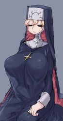 Rule 34 | 184nx, 1girl, blonde hair, blush, breasts, covered erect nipples, covered navel, cross, cross necklace, double (skullgirls), closed eyes, grey background, habit, jewelry, kneeling, large breasts, lips, necklace, nun, sitting, skullgirls, solo