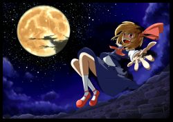 Rule 34 | 1girl, amakan!, blonde hair, cloud, cloudy sky, flying, full moon, hair ribbon, highres, looking at viewer, moon, open mouth, reaching, reaching towards viewer, red eyes, ribbon, rumia, short hair, sky, smile, solo, star (sky), starry sky, touhou, town