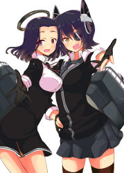 Rule 34 | 10s, 2girls, black dress, breasts, checkered clothes, checkered necktie, checkered neckwear, dress, dress shirt, eyepatch, fingerless gloves, gloves, hair ribbon, halo, hand on own hip, highres, kantai collection, kazuchi, long hair, looking at viewer, mechanical halo, multiple girls, necktie, open mouth, purple eyes, purple hair, ribbon, shirt, short hair, skirt, smile, tatsuta (kancolle), tenryuu (kancolle), yellow eyes