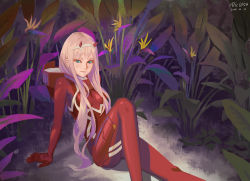 Rule 34 | 10s, 1girl, arm support, bodysuit, closed mouth, darling in the franxx, dated, eyeshadow, flower, green eyes, hairband, highres, horns, knee up, long hair, looking at viewer, makeup, outdoors, pink hair, reclining, red bodysuit, signature, solo, tea sly, zero two (darling in the franxx)