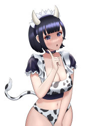Rule 34 | 1girl, absurdres, animal print, bell, black hair, blue eyes, breasts, cow print, cow tail, cowbell, highres, horns, iceringer, large breasts, looking at viewer, maid, navel, original, panties, short hair, simple background, solo, tail, underwear, white background