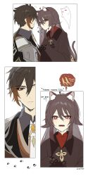 Rule 34 | 1boy, 1girl, absurdres, animal ears, black hair, boo tao (genshin impact), brown hair, cat ears, cat girl, cat tail, eyeliner, eyeshadow, face-to-face, fangs, flower-shaped pupils, formal, genshin impact, ginseng, hair between eyes, highres, hu tao (genshin impact), jacket, korean text, long hair, long sleeves, looking at viewer, makeup, open mouth, red eyes, red eyeshadow, shirt, smelling, sp0i0ppp, suit, symbol-shaped pupils, tail, translation request, twintails, twitter username, yellow eyes, zhongli (genshin impact)