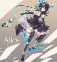 Rule 34 | 1girl, alice (sinoalice), black dress, black hair, black thighhighs, breasts, character name, cleavage, dress, elbow gloves, full body, gloves, holding, holding staff, looking at viewer, medium breasts, puffy short sleeves, puffy sleeves, red eyes, short hair, short sleeves, single thighhigh, sinoalice, solo, soramichi megumu, staff, thighhighs