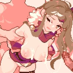 Rule 34 | 1girl, 2boys, animated, animated gif, breasts, brown hair, commentary request, commission, cum, cum on body, fire emblem, fire emblem fates, fire emblem heroes, hana (fire emblem), hana (ninja) (fire emblem), hetero, long hair, medium breasts, momiahair, multiple boys, ninja, nintendo, nipples, official alternate costume, one eye closed, pixel art, sex, skeb commission, solo focus, standing, standing sex