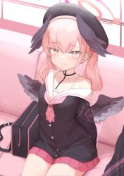 Rule 34 | 1girl, arms behind back, bag, beret, black hat, black shirt, black wings, blue archive, bra strap, closed mouth, collarbone, commentary, feathered wings, halo, hat, head wings, highres, klaius, koharu (blue archive), long sleeves, looking at viewer, off shoulder, pink eyes, pink hair, pink neckwear, pink skirt, sailor collar, school uniform, serafuku, shirt, short hair, sitting, skirt, solo, thighs, twintails, white sailor collar, wings