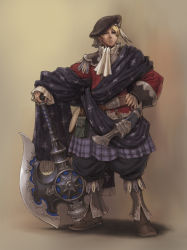 Rule 34 | 1boy, absurdres, axe, beret, blonde hair, blue eyes, boots, dagger, frown, full body, hand on hilt, hand on own hip, hat, highres, knife, male focus, nishi, original, plaid, plaid skirt, puffy pants, scarf, sheath, sheathed, shirt, short hair, skirt, sleeves past wrists, solo, standing, weapon