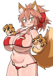 Rule 34 | 1girl, :3, absurdres, animal ear fluff, animal ears, animal hands, bikini, blush, bow, breasts, brown tail, claws, closed mouth, cowboy shot, fate (series), hair between eyes, hair bow, highres, huge breasts, kagarimachi konatsu, light brown hair, long hair, looking at viewer, navel, plump, red bikini, red bow, simple background, solo, swimsuit, tamamo (fate), thick thighs, thighs, tsurime, white background, yellow eyes
