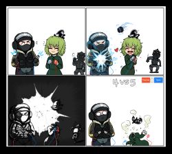 Rule 34 | 1girl, 2boys, 4koma, bandit (rainbow six siege), comic, crossover, electricity, fleeing, formicid, gas mask, jumper cable, mask, multiple boys, rainbow six siege, soga no tojiko, thatcher (rainbow six siege), touhou, wire