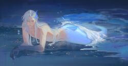 Rule 34 | 1boy, artist name, beach, blue background, blue eyes, blue hair, blue scales, bright pupils, colored extremities, fingernails, fins, full body, gankedbyshipdom, genshin impact, grey hair, highres, long hair, looking at viewer, lying, male focus, merman, monster boy, multicolored hair, neuvillette (genshin impact), nipples, ocean, on stomach, outdoors, pointy ears, scales, sharp fingernails, shore, solo, streaked hair, twitter username, water, white pupils