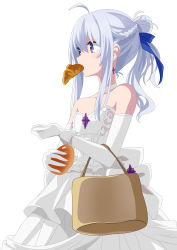 Rule 34 | 1girl, absurdres, ahoge, alternate costume, alternate hairstyle, bag, bare shoulders, blue eyes, blue ribbon, blush, braid, breasts, choker, collarbone, commentary request, cowboy shot, croissant, damascus (dearigazu2001), derivative work, dress, earrings, elaina (majo no tabitabi), elbow gloves, food, food in mouth, from side, gloves, hair ribbon, highres, holding, holding bag, jewelry, long hair, majo no tabitabi, mouth hold, no headwear, no headwear, ribbon, ribbon choker, sidelocks, silver hair, simple background, small breasts, solo, standing, strapless, strapless dress, wedding dress, white background, white choker, white dress, white gloves