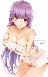 Rule 34 | 1girl, absurdres, artist name, bent over, blush, braid, breasts, cleavage, collarbone, commission, commissioner upload, fire emblem, fire emblem: the binding blade, french braid, highres, long hair, looking at viewer, medium breasts, naked towel, nintendo, open mouth, purple eyes, purple hair, solo, sophia (fire emblem), tahita1874, towel, very long hair