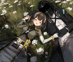 Rule 34 | 1girl, 1other, arknights, bird mask, black coat, black gloves, blush, breasts, brown hair, charm (object), closed eyes, clothes around waist, coat, commentary, covered face, cowboy shot, day, doctor (arknights), earrings, flower, from above, gloves, grass, grey sweater, happy, highres, holding hands, hood, hood up, hooded coat, jewelry, lantern, long sleeves, looking at viewer, lying, magallan (arknights), magallan (elite ii) (arknights), mask, mask around neck, medium breasts, multicolored hair, on back, open mouth, outdoors, rhine lab logo, ribbed sweater, short hair, sigm@, single earring, single glove, smile, strap, streaked hair, sweater, symbol-only commentary, emperor (arknights), turtleneck, turtleneck sweater, two-tone hair, white gloves, white hair, wristband