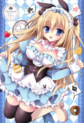 Rule 34 | 1girl, :d, alice (alice in wonderland), alice in wonderland, animal ears, argyle, argyle background, argyle clothes, artist name, black thighhighs, blonde hair, blue bow, blue dress, blue eyes, blush, boots, bow, breasts, brown footwear, card, cleavage, club (shape), commentary request, diamond (shape), doughnut, dress, food, frilled dress, frills, fruit, hair between eyes, hair bow, heart, highres, juliet sleeves, kirishima riona, knee boots, long hair, long sleeves, medium breasts, open mouth, pinching sleeves, pink bow, playing card, pleated dress, pocket watch, puffy sleeves, rabbit ears, roman numeral, skirt hold, sleeves past wrists, smile, solo, strawberry, thighhighs, thighhighs under boots, two side up, underbust, very long hair, watch