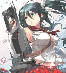 Rule 34 | 1girl, adapted turret, anti-aircraft, anti-aircraft gun, armpits, bad id, bad twitter id, between breasts, bow, breasts, bullpup, crop top, detached sleeves, gradient background, green eyes, green hair, gun, hair between eyes, hair bow, hand up, highres, holding, holding gun, holding weapon, isuzu (kancolle), kantai collection, long hair, looking back, looking to the side, medium breasts, navel, neckerchief, parted lips, red skirt, rigging, sailor collar, shide, shirt, signature, skirt, sleeveless, sleeveless shirt, solo, splashing, strap between breasts, sunday aki, trigger discipline, twintails, upper body, very long hair, water drop, weapon, white bow