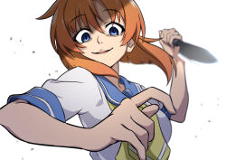 Rule 34 | 1girl, blue eyes, blue sailor collar, blunt ends, blurry, commentary request, crazy smile, depth of field, eyelashes, eyes visible through hair, fighting stance, foreshortening, hair between eyes, hand up, highres, higurashi no naku koro ni, holding, holding knife, incoming attack, knife, looking at viewer, looking down, medium hair, neckerchief, nishizuki shino, open mouth, orange hair, ryuuguu rena, sailor collar, school uniform, serafuku, shirt, short sleeves, simple background, smile, solo, straight-on, upper body, uso da, white background, white shirt, yellow neckerchief