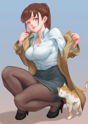 Rule 34 | 1girl, :3, black pantyhose, black skirt, blunt bangs, breasts, brown eyes, brown hair, cat, coat, dress shirt, hands up, high-waist skirt, high heels, highres, impossible clothes, impossible shirt, jrajazon, lips, long hair, medium breasts, office lady, original, pantyhose, parted lips, partially unbuttoned, pencil skirt, shiny clothes, shirt, shirt tucked in, skirt, solo, squatting, taut clothes, taut shirt
