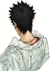Rule 34 | 1boy, black hair, collared shirt, commentary, from above, from behind, from side, jewelry, katekyo hitman reborn!, male focus, nape, necklace, school uniform, shirt, short hair, simple background, solo, spiked hair, umkaqryi, undershirt, upper body, white background, yamamoto takeshi