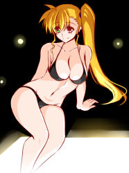 Rule 34 | 1girl, bare arms, bare legs, bikini, black background, black bikini, blonde hair, breasts, cleavage, closed mouth, collarbone, engo (aquawatery), green eyes, groin, hair between eyes, halterneck, heterochromia, high ponytail, large breasts, leaning to the side, long hair, lyrical nanoha, mahou shoujo lyrical nanoha strikers, navel, red eyes, side ponytail, sitting, sketch, smile, solo, swimsuit, very long hair, vivio