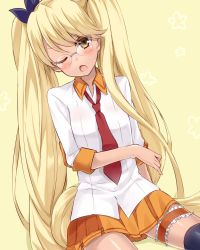 Rule 34 | 10s, 1girl, ;o, blonde hair, blush, dog tail, glasses, hair ornament, highres, long hair, maruki (punchiki), necktie, one eye closed, retoree (show by rock!!), show by rock!!, simple background, skirt, solo, tail, thigh strap, thighhighs, twintails, yellow eyes