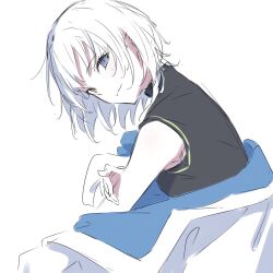 1girl bang_dream! bang_dream!_it&#039;s_mygo!!!!! black_shirt blue_eyes closed_mouth heterochromia highres jacket kanade_(kanade_3344) kaname_raana looking_at_viewer off_shoulder shirt short_hair simple_background sleeveless sleeveless_shirt solo white_background white_hair white_jacket yellow_eyes