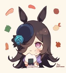 Rule 34 | 1girl, absurdres, animal ears, black hair, black hat, blouse, blue flower, blue rose, blush, brown background, chibi, closed mouth, commentary, cropped torso, eating, flower, food, food on face, hair over one eye, hat, hat flower, highres, holding, holding food, horse ears, long hair, name connection, object namesake, onigiri, puffy short sleeves, puffy sleeves, purple eyes, purple shirt, rice, rice on face, rice shower (umamusume), rose, school uniform, shirt, short sleeves, signature, simple background, sofra, solo, symbol-only commentary, tilted headwear, tracen school uniform, twitter username, umamusume, upper body, wavy mouth, white shirt