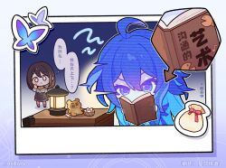 Rule 34 | ahoge, blue hair, book, brown hair, bug, butterfly, candy, chibi, chinese commentary, chinese text, food, full body, holding, holding book, honkai: star rail, honkai (series), insect, lamp, long hair, looking at object, musical note, o o, official art, open book, reading, ribbon, seele (honkai: star rail), solo focus, speech bubble, standing, table, thinking, upper body, v-shaped eyebrows