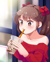 Rule 34 | + +, 1girl, absurdres, alternate costume, bare shoulders, bow, brown hair, bubble tea, collarbone, cup, disposable cup, drinking, drinking straw, hair bow, highres, kantai collection, off-shoulder sweater, off shoulder, red eyes, ryuujou (kancolle), solo, suzune kou, sweater, twintails, upper body