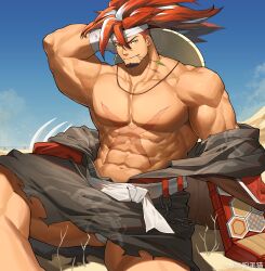 Rule 34 | 1boy, abs, absurdres, alchemy stars, bara, bare pectorals, bulge peek, clothes down, come hither, feet out of frame, hat on back, highres, japanese clothes, kimono, large pectorals, long hair, long sideburns, looking at viewer, male focus, manspreading, mature male, multicolored hair, muscular, muscular male, navel, nipples, no nipples, partially undressed, pectorals, seductive smile, sideburns, sinsa (alchemy stars), smile, solo, stomach, streaked hair, tekkowang, thick eyebrows, thick thighs, thighs