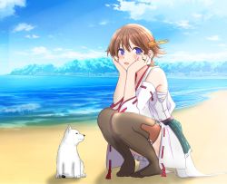 Rule 34 | 1girl, beach, blue eyes, blue sky, boots, brown hair, cloud, commentary request, day, detached sleeves, dog, flipped hair, full body, green skirt, hairband, headgear, hiei (kancolle), highres, jewelry, kantai collection, looking at viewer, mountain, nitamako (sakamalh), outdoors, plaid, plaid skirt, ribbon-trimmed sleeves, ribbon trim, ring, short hair, skirt, sky, squatting, thigh boots, thighhighs, wedding band