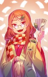 Rule 34 | 1girl, :3, blush, brown hair, checkered clothes, checkered scarf, futatsuiwa mamizou, futatsuiwa mamizou (human), gap (touhou), glasses, hair ornament, hairclip, japanese clothes, leaf, leaf hair ornament, leaf on head, long hair, long sleeves, looking at viewer, money, object on head, open mouth, pince-nez, pom pom (clothes), red eyes, scarf, simple background, smile, solo, touhou, wide sleeves, yakumo yukari, zounose
