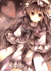 Rule 34 | 1girl, bad id, bad pixiv id, capelet, coat, crescent, dress, female focus, hair ribbon, hat, heart, long hair, namakuby, patchouli knowledge, purple eyes, purple hair, ribbon, solo, striped clothes, striped dress, touhou, v arms