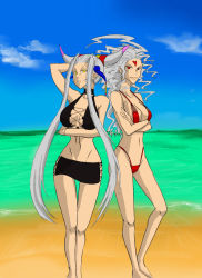 Rule 34 | 1990s (style), 2girls, bad id, bad pixiv id, bikini, breasts, cleavage, cloud of darkness, dissidia final fantasy, facial mark, final fantasy, final fantasy iii, final fantasy viii, forehead mark, grey hair, kitsuki (chaotic-v), long hair, medium breasts, multiple girls, red eyes, retro artstyle, swimsuit, ultimecia, yellow eyes