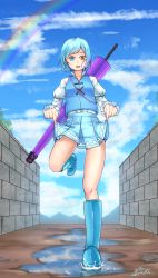 Rule 34 | 1girl, alternate footwear, bare legs, blue footwear, blue hair, blue sky, blue vest, boots, cloud, day, heterochromia, highres, hiyashi mikan, holding, holding clothes, holding skirt, knee boots, long sleeves, looking down, miniskirt, puddle, rainbow, rubber boots, skirt, sky, smile, solo, standing, standing on one leg, tatara kogasa, touhou, umbrella, vest, wall