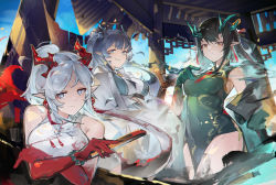 Rule 34 | 3girls, absurdres, arknights, arm tattoo, bare shoulders, bead bracelet, beads, black hair, black skin, blue eyes, blue hair, bracelet, breasts, china dress, chinese clothes, colored skin, dragon girl, dragon horns, dragon tail, dress, dusk (arknights), dusk (everything is a miracle) (arknights), earrings, flame-tipped tail, green dress, green skin, hand up, highres, horns, jewelry, jumbowhopper, ling (arknights), long hair, looking at viewer, medium breasts, multiple girls, necktie, nian (arknights), nian (unfettered freedom) (arknights), official alternate costume, pointy ears, ponytail, red eyes, red necktie, red skin, shirt, siblings, sisters, sleeveless, sleeveless dress, tail, tassel, tassel earrings, tattoo, white dress, white hair, white shirt