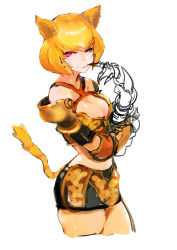 Rule 34 | 1girl, animal ears, armor, blonde hair, bob cut, breasts, cat ears, cat tail, claws, cleavage, clementine (overlord), elbow pads, fang, large breasts, midriff, miniskirt, one eye closed, overlord (maruyama), pauldrons, pink eyes, short hair, shoulder armor, sketch, skirt, slit pupils, so-bin, solo, tail, whiskers, wink