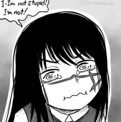 Rule 34 | 1girl, black hair, chainsaw man, closed mouth, commentary, cornmeharder, crying aqua (meme), english commentary, facial scar, grey background, greyscale, long hair, looking at viewer, lowres, meme, monochrome, ringed eyes, scar, scar on cheek, scar on face, solo, speech bubble, tearing up, twitter username, v-shaped eyebrows, wavy mouth, yoru (chainsaw man)