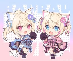 Rule 34 | 2girls, :d, ahoge, animal ear fluff, animal ears, animal hands, belt, black eyes, blonde hair, blue belt, blue hair, blue kimono, chibi, colored inner animal ears, commentary, crossed bangs, dog ears, dog girl, dog tail, fang, flower, fuwamoco, fuwawa abyssgard, fuwawa abyssgard (new year), gloves, hair between eyes, hair flower, hair ornament, hololive, hololive english, japanese clothes, kimono, looking at viewer, misakiotukimi, mococo abyssgard, mococo abyssgard (new year), multicolored hair, multiple girls, official alternate costume, official alternate hairstyle, open mouth, outline, paw gloves, paw shoes, pink belt, pink eyes, pink hair, pink kimono, siblings, skin fang, smile, streaked hair, tail, twins, twintails, two-tone hair, virtual youtuber, white outline, wide sleeves