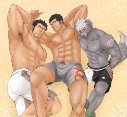 Rule 34 | 3boys, abs, animal ears, arm up, armpit hair, armpits, ass, bara, bare pectorals, black male swimwear, black swim trunks, body hair, boy sandwich, bulge, character request, chest hair, clothing cutout, cross scar, dark-skinned male, dark skin, drawstring, facial hair, feet out of frame, furry, furry male, grey male swimwear, grey shorts, grey swim trunks, hairy, highres, houzouin oniwaka, large pectorals, long sideburns, looking at viewer, male focus, male swimwear, multicolored clothes, multicolored male swimwear, multicolored swim trunks, multicolored swimsuit, multiple boys, muscular, muscular male, navel, nipples, pectorals, porkjinta, print male swimwear, print swim trunks, print swimsuit, protagonist 3 (housamo), sandwiched, scar, scar on face, scar on forehead, short hair, shorts, side cutout, side slit, side slit shorts, sideburns, simple background, smile, stomach, stubble, swim trunks, swimsuit, tail, thick thighs, thighs, thumbs up, tokyo houkago summoners, white male swimwear, white shorts, white swim trunks, wolf boy, wolf ears, wolf tail